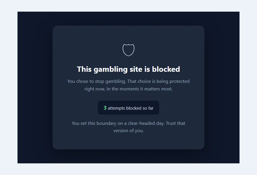 Animated demo cycling through three real StopTemptations screens: the block page that replaces a gambling site, the app popup with protection active and example stats, and the popup with Lock Mode switched on